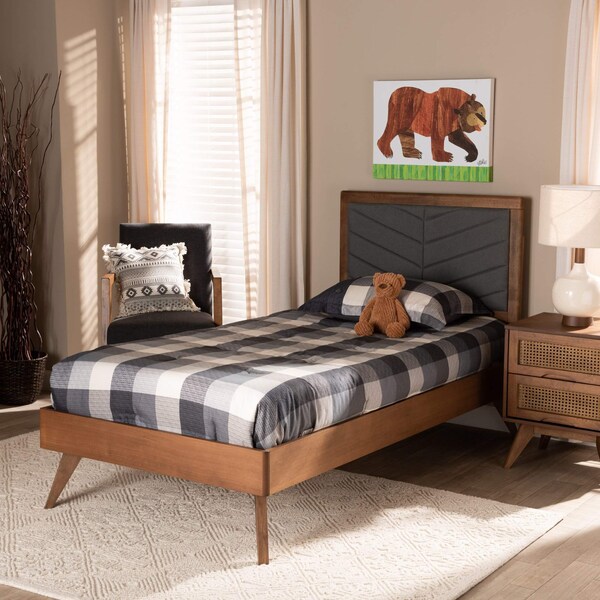 Baxton Studio Roze Mid-Century Dark Grey Fabric Upholstered and Walnut brown Finished Wood Platform Bed-Twin 192-11542-11159-ZORO - main